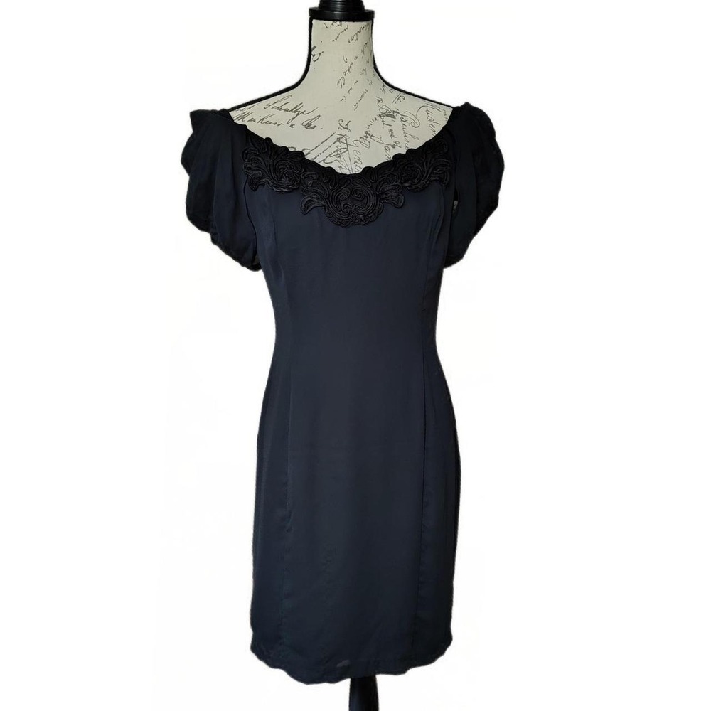 Vintage 90s Midnight Glo Cocktail Dress 12 Off Shoulder Floral Applique Black